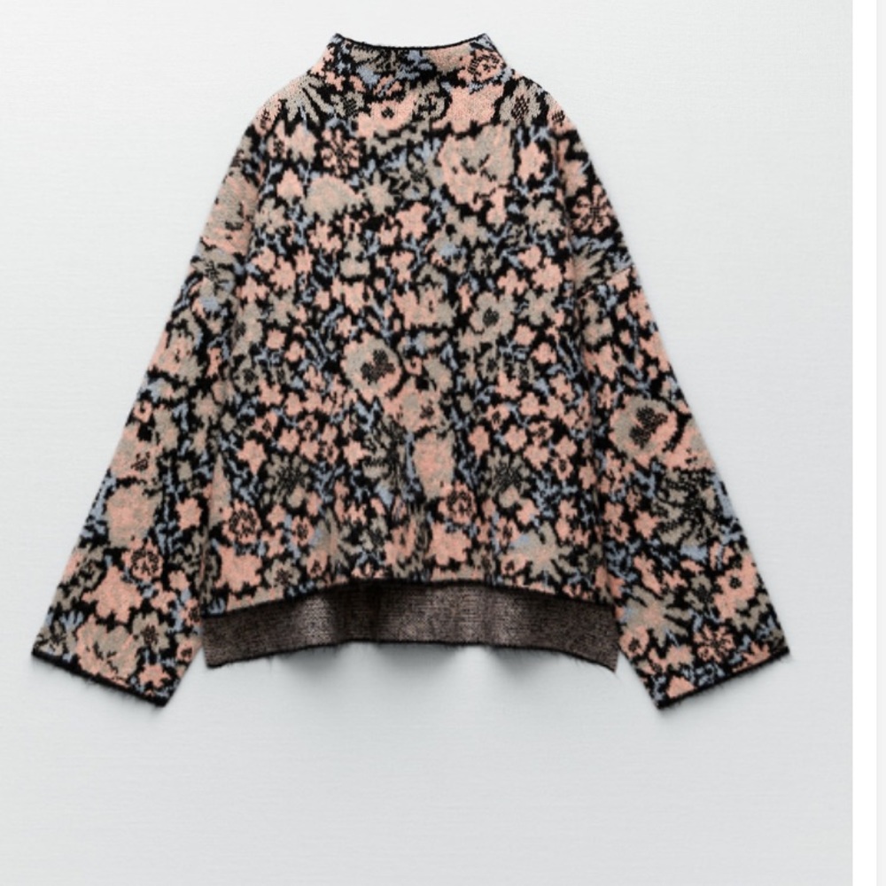 GUC ZARA FLORAL PRINT HIGH NECK JACQUARD KNIT SWEATER SZ M MEDIUM